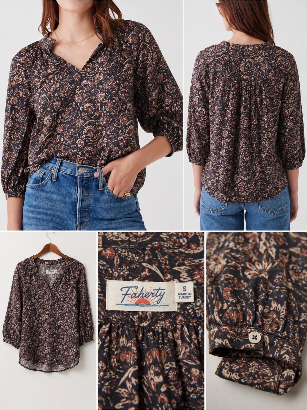 Faherty Portia Blouse Small Boho Floral Print V-Neck Artisan Block Print Top - Picture 2 of 10